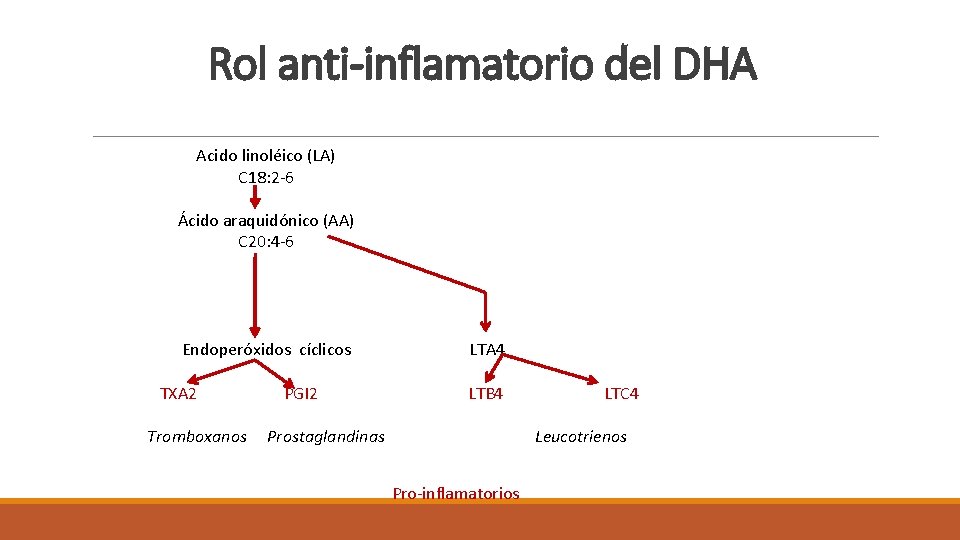Rol anti-inflamatorio del DHA Acido linoléico (LA) C 18: 2 -6 Ácido araquidónico (AA)