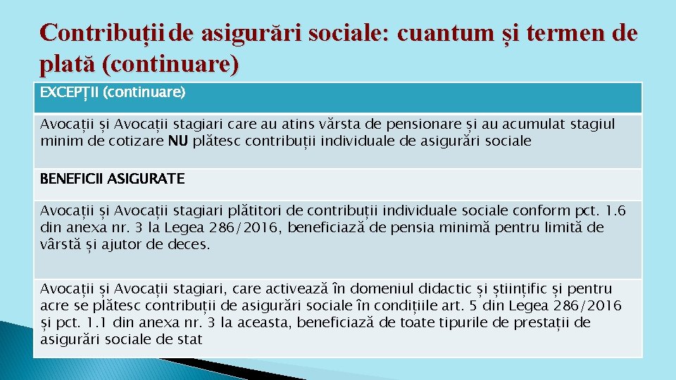 Contribuții de asigurări sociale: cuantum și termen de plată (continuare) EXCEPȚII (continuare) Avocații și