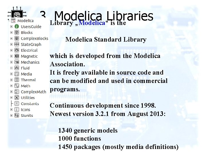 3. Library Modelica Libraries „Modelica“ is the Modelica Standard Library which is developed from