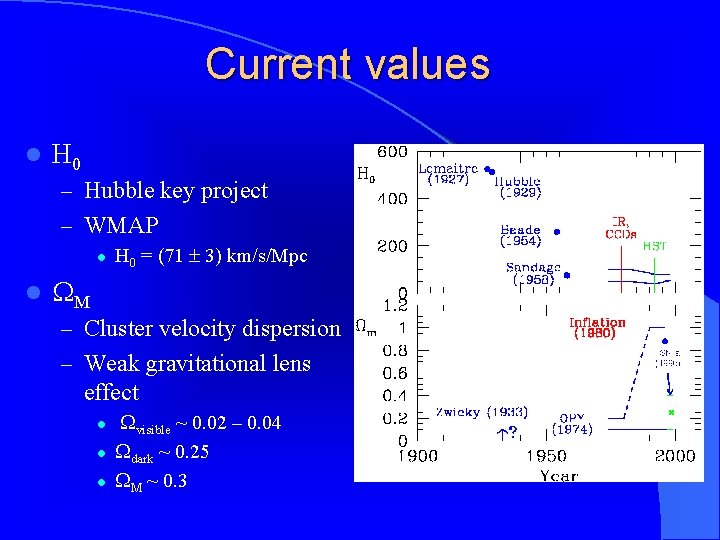 Current values l H 0 – Hubble key project – WMAP l l H