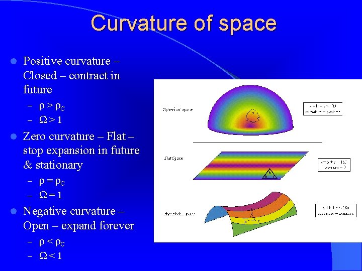 Curvature of space l Positive curvature – Closed – contract in future – >