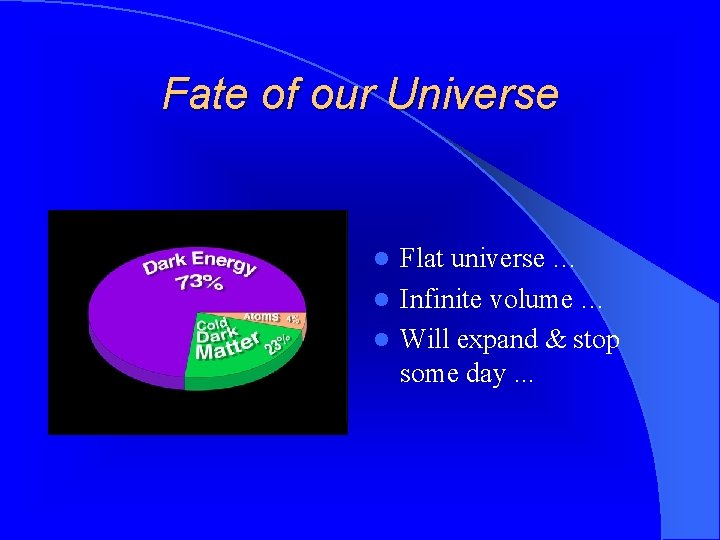 Fate of our Universe Flat universe … l Infinite volume … l Will expand