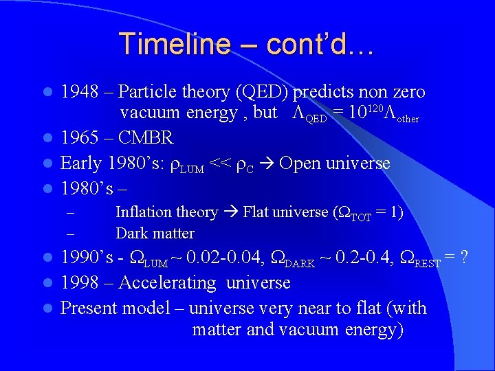 Timeline – cont’d… 1948 – Particle theory (QED) predicts non zero vacuum energy ,
