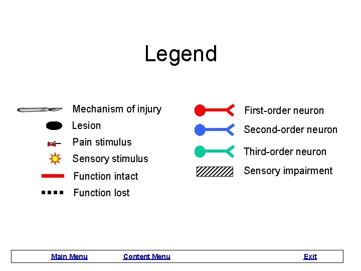 Legend Mechanism of injury First-order neuron Lesion Second-order neuron Pain stimulus Sensory stimulus Function