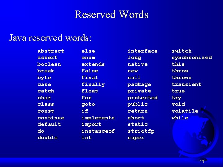 Reserved Words Java reserved words: abstract assert boolean break byte case catch char class Reserved Words Java reserved words: abstract assert boolean break byte case catch char class