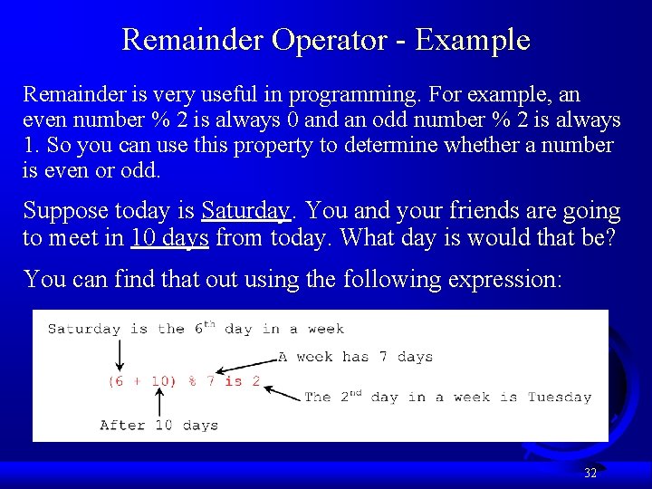 Remainder Operator - Example Remainder is very useful in programming. For example, an even Remainder Operator - Example Remainder is very useful in programming. For example, an even