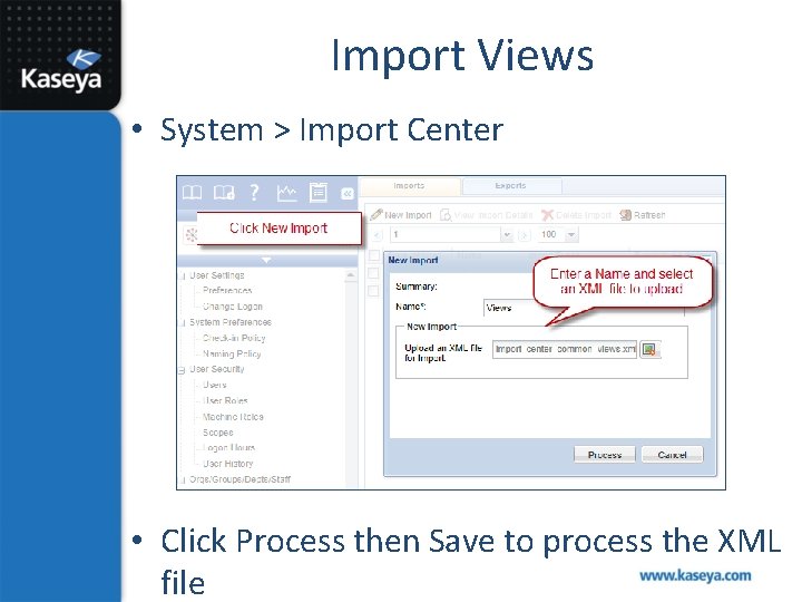 Import Views • System > Import Center • Click Process then Save to process