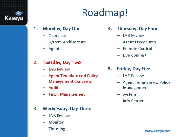 Roadmap! 1. Monday, Day One – Overview – System Architecture – Agents 4. Thursday,