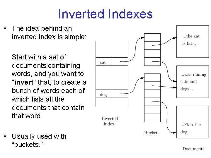 Inverted Indexes • The idea behind an inverted index is simple: Start with a