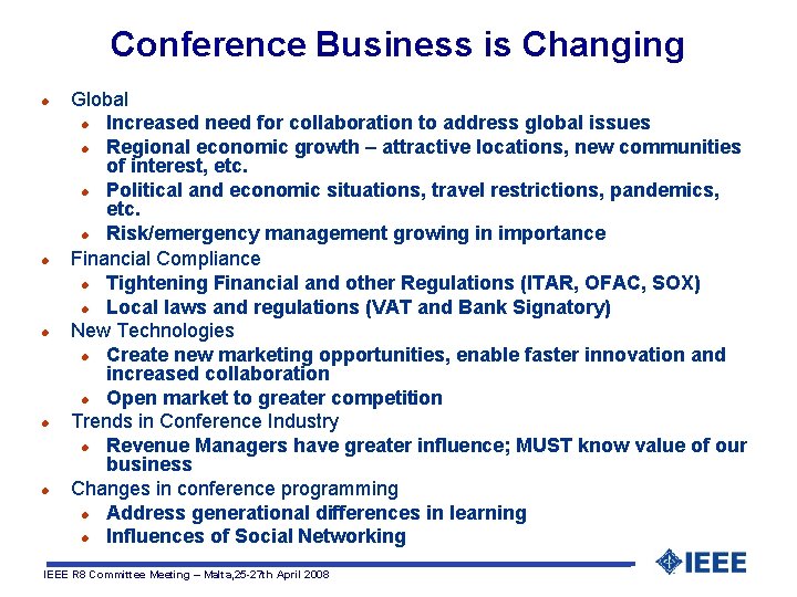 Conference Business is Changing l l l Global l Increased need for collaboration to