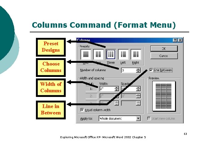 Columns Command (Format Menu) Preset Designs Choose Columns Width of Columns Line in Between