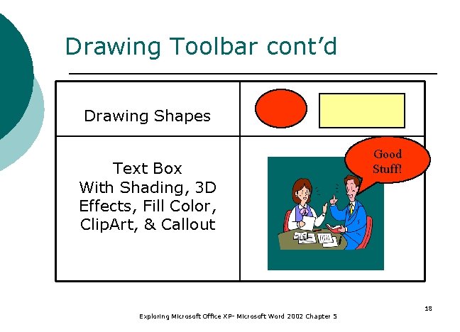 Drawing Toolbar cont’d Drawing Shapes Text Box With Shading, 3 D Effects, Fill Color,