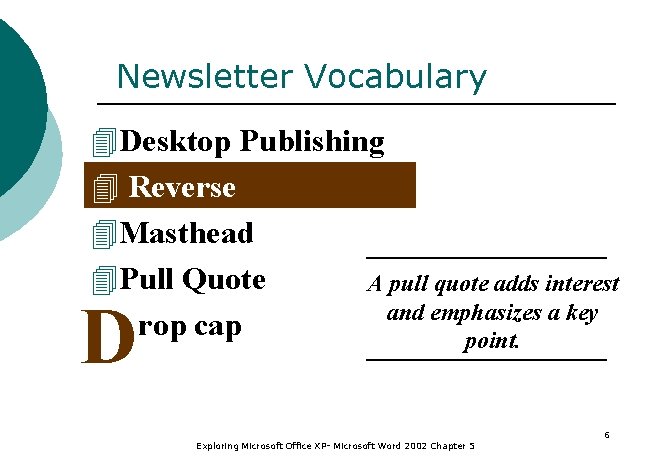 Newsletter Vocabulary 4 Desktop Publishing 4 Reverse 4 Masthead 4 Pull Quote A pull