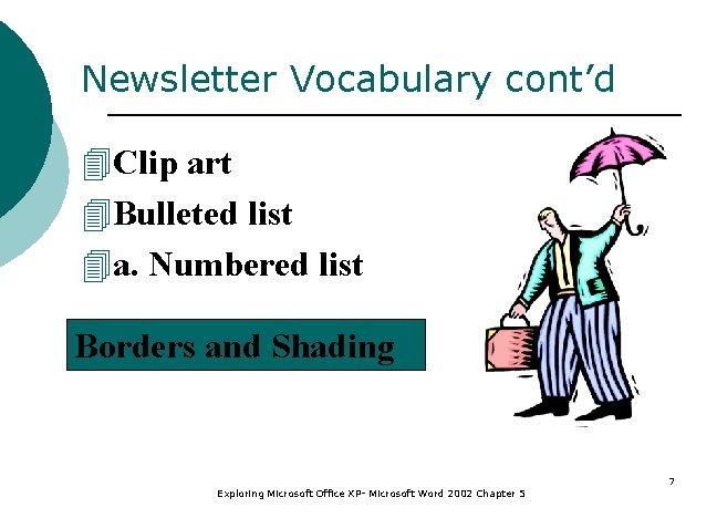 Newsletter Vocabulary cont’d 4 Clip art 4 Bulleted list 4 a. Numbered list Borders
