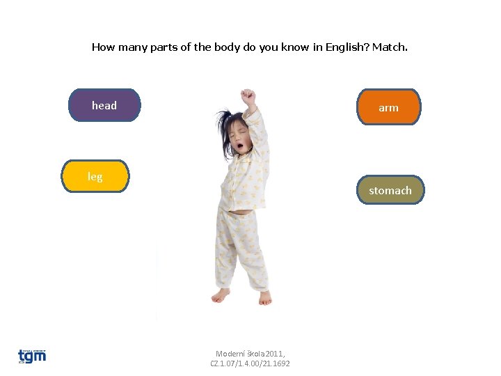 How many parts of the body do you know in English? Match. head arm