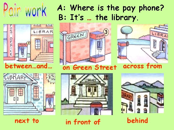 A: Where is the pay phone? B: It’s … the library. between…and… next to