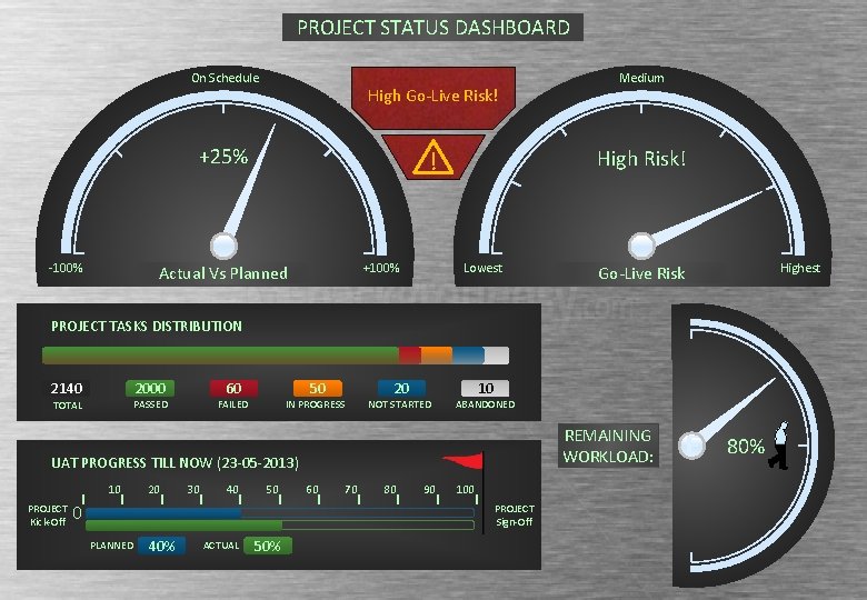 PROJECT STATUS DASHBOARD On Schedule High Go-Live Risk! +25% -100% High Risk! ! +100%