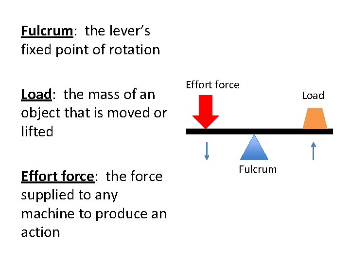 Fulcrum: the lever’s fixed point of rotation Load: the mass of an object that