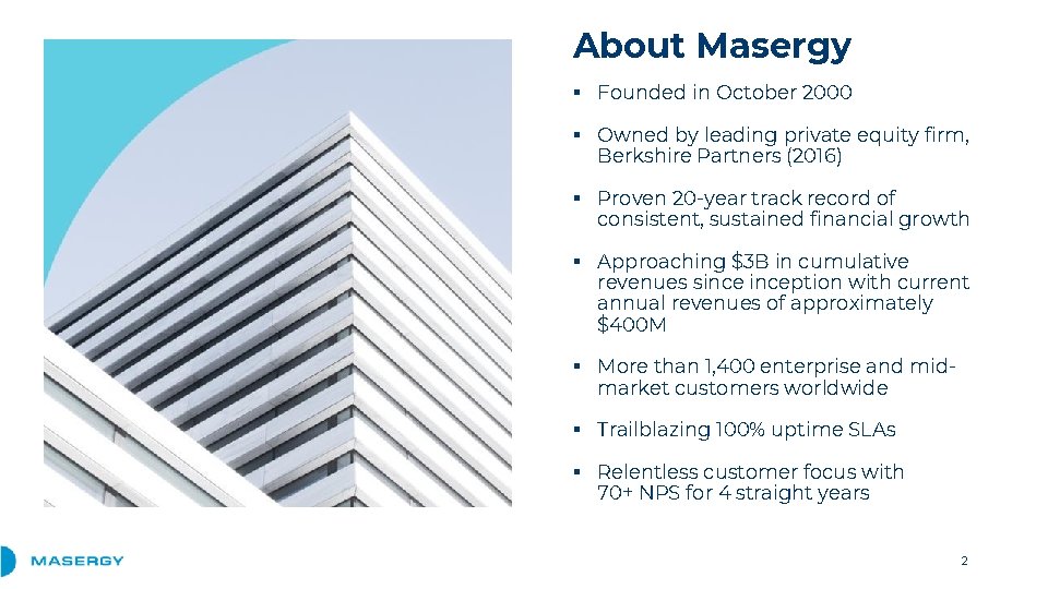 About Masergy ▪ Founded in October 2000 ▪ Owned by leading private equity firm,