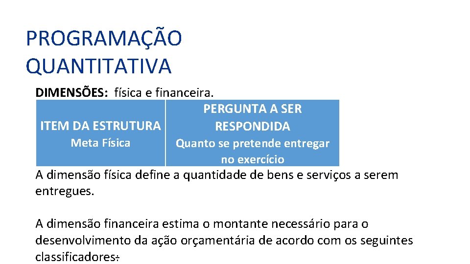 PROGRAMAÇÃO QUANTITATIVA DIMENSÕES: física e financeira. PERGUNTA A SER ITEM DA ESTRUTURA RESPONDIDA Meta