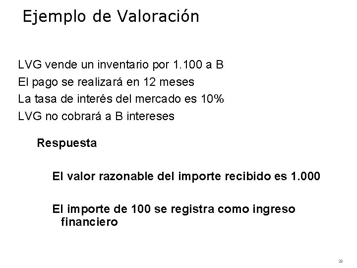 Ejemplo de Valoración LVG vende un inventario por 1. 100 a B El pago