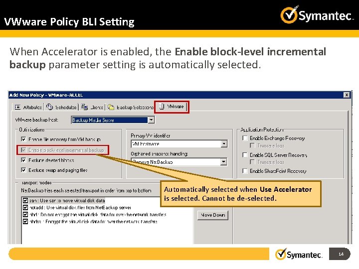 VWware Policy BLI Setting When Accelerator is enabled, the Enable block-level incremental backup parameter