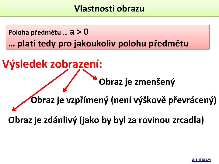 Vlastnosti obrazu Poloha předmětu … a >0 … platí tedy pro jakoukoliv polohu předmětu