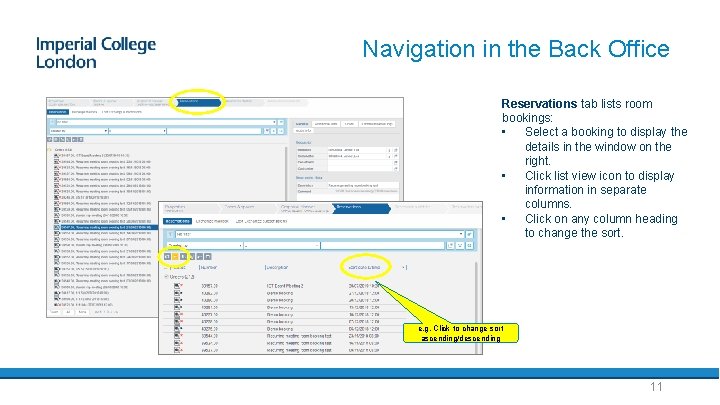 Navigation in the Back Office Reservations tab lists room bookings: • Select a booking