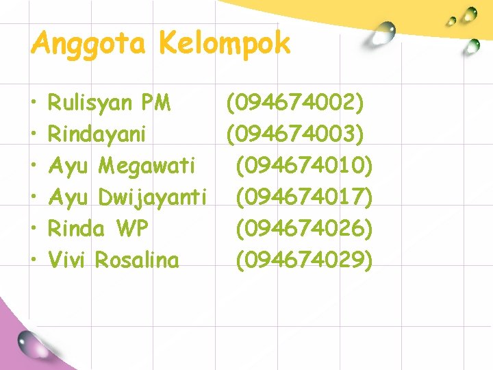 Anggota Kelompok • • • Rulisyan PM (094674002) Rindayani (094674003) Ayu Megawati (094674010) Ayu