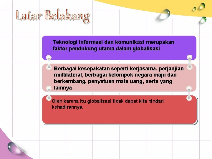 Latar Belakang Teknologi informasi dan komunikasi merupakan faktor pendukung utama dalam globalisasi. Berbagai kesepakatan