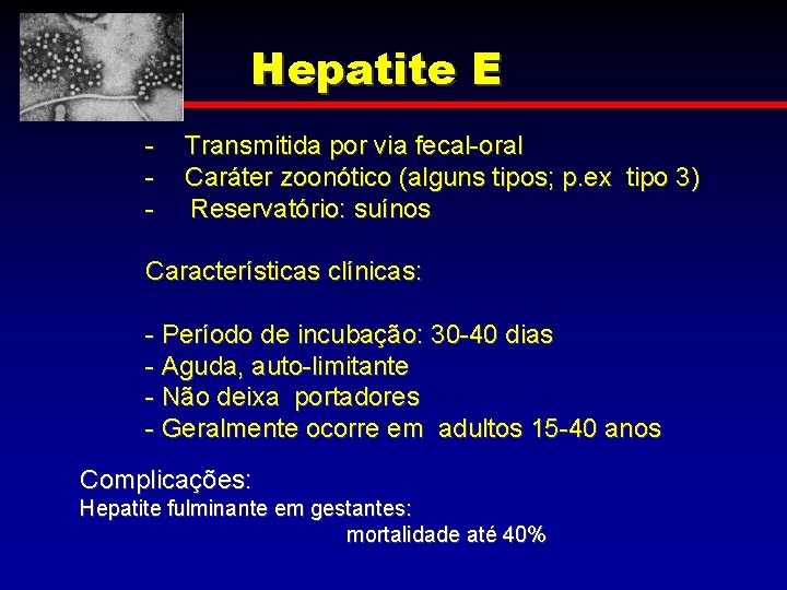 Hepatite E - Transmitida por via fecal-oral Caráter zoonótico (alguns tipos; p. ex tipo