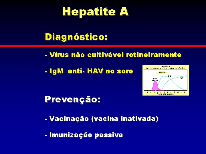 Hepatite A Diagnóstico: - Vírus não cultivável rotineiramente - Ig. M anti- HAV no