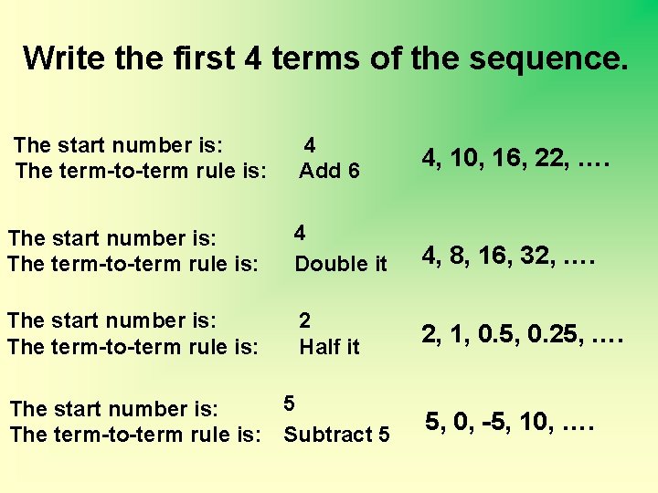 Write the first 4 terms of the sequence. The start number is: The term-to-term