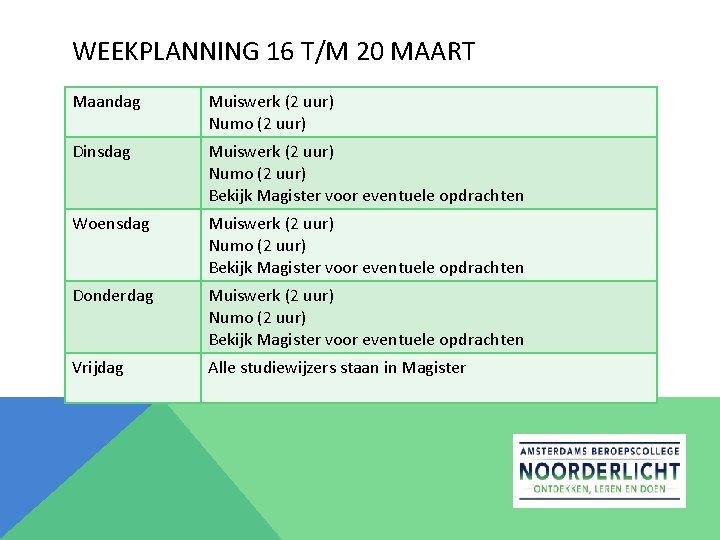 WEEKPLANNING 16 T/M 20 MAART Maandag Muiswerk (2 uur) Numo (2 uur) Dinsdag Muiswerk