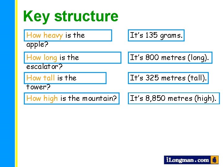 Key structure How heavy is the apple? It’s 135 grams. How long is the