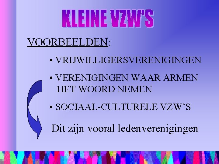 VOORBEELDEN: • VRIJWILLIGERSVERENIGINGEN • VERENIGINGEN WAAR ARMEN HET WOORD NEMEN • SOCIAAL-CULTURELE VZW’S Dit