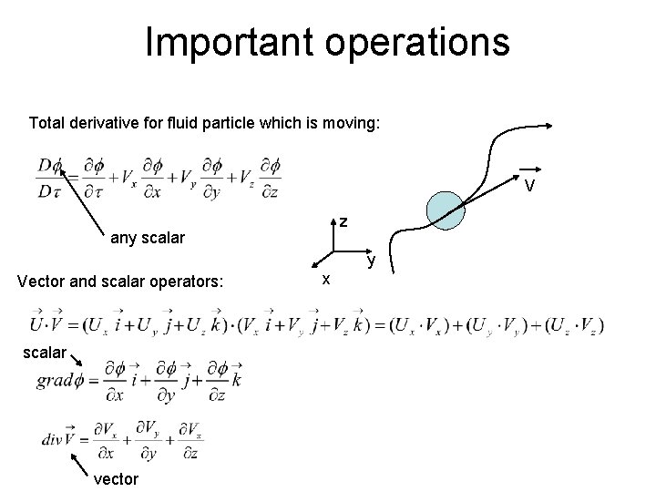 Important operations Total derivative for fluid particle which is moving: V z any scalar