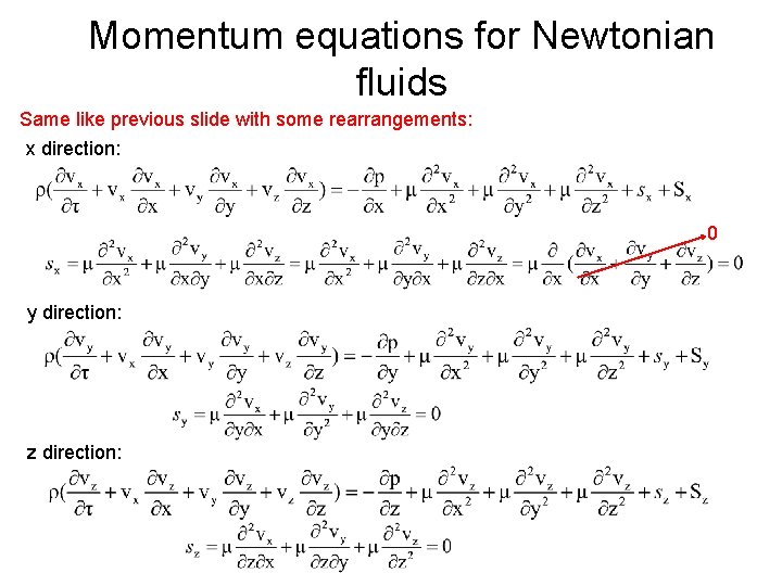 Momentum equations for Newtonian fluids Same like previous slide with some rearrangements: x direction:
