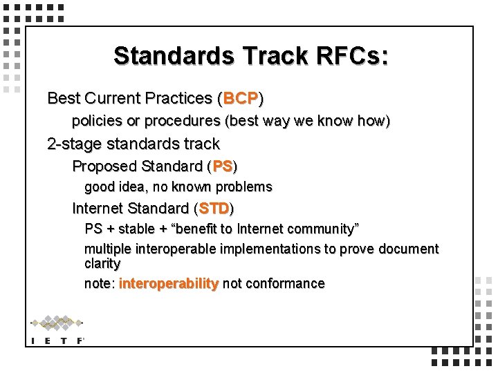Standards Track RFCs: Best Current Practices (BCP) policies or procedures (best way we know