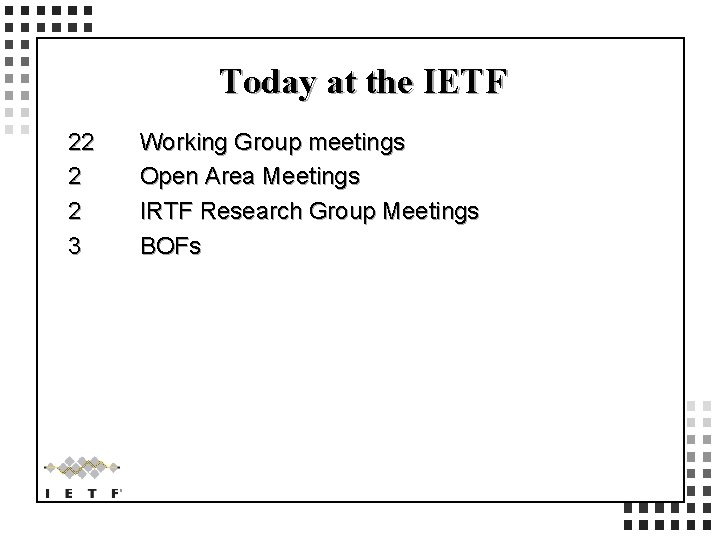 Today at the IETF 22 2 2 3 Working Group meetings Open Area Meetings