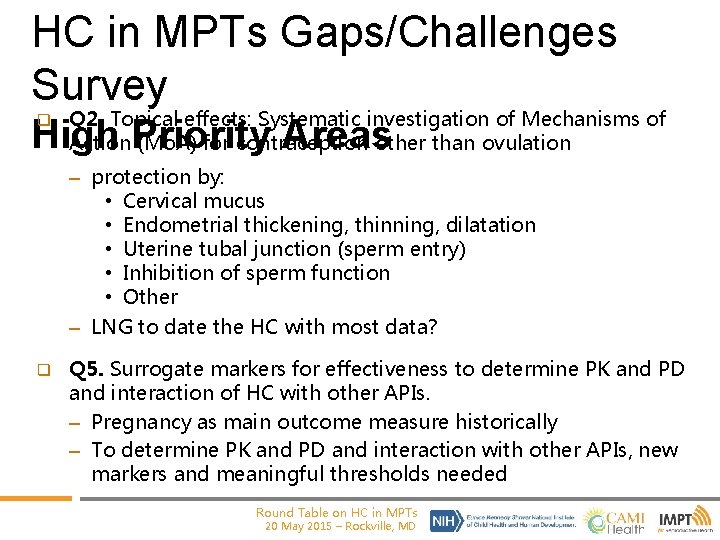 HC in MPTs Gaps/Challenges Survey q Q 2. Topical effects: Systematic investigation of Mechanisms