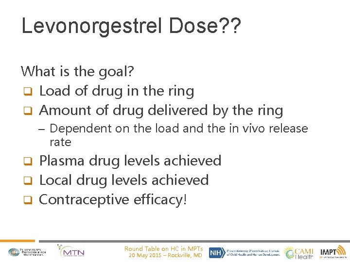 Levonorgestrel Dose? ? What is the goal? q Load of drug in the ring