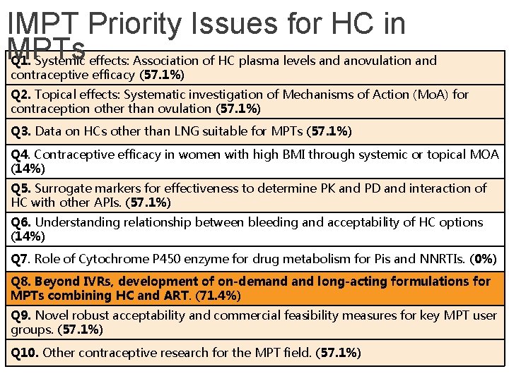 IMPT Priority Issues for HC in MPTs Q 1. Systemic effects: Association of HC