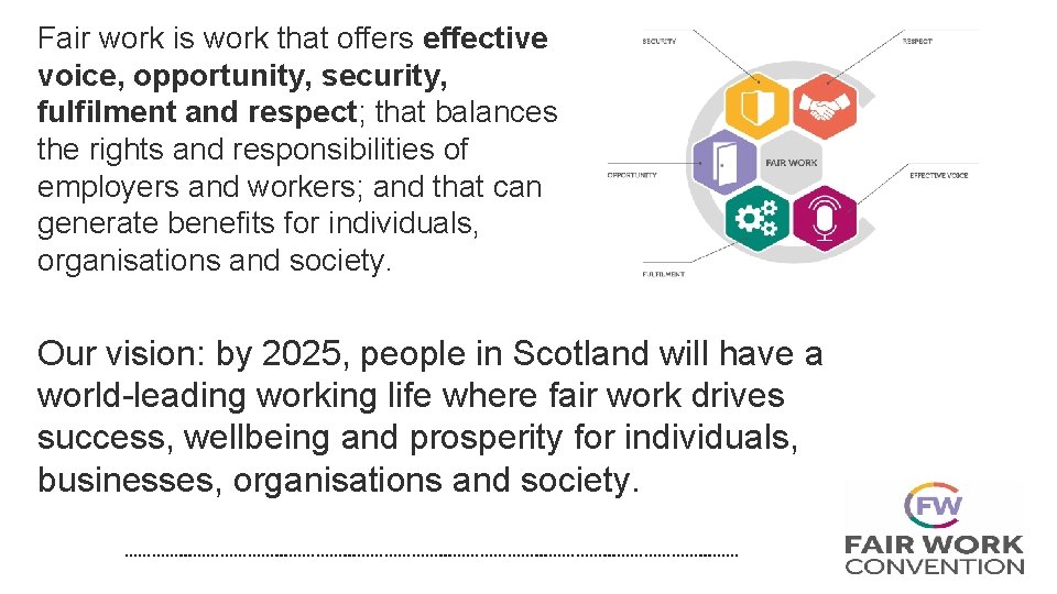 Fair work is work that offers effective voice, opportunity, security, fulfilment and respect; that