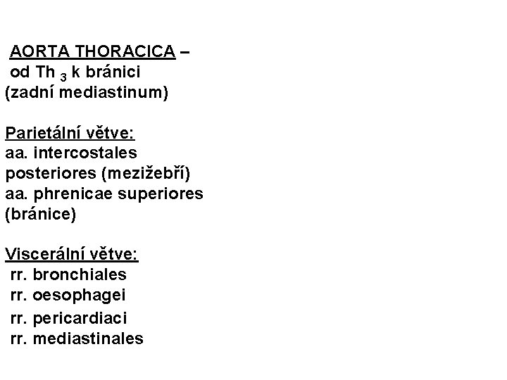 AORTA THORACICA – od Th 3 k bránici (zadní mediastinum) Parietální větve: aa. intercostales