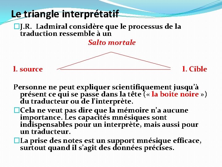 Le triangle interprétatif �J. R. Ladmiral considère que le processus de la traduction ressemble