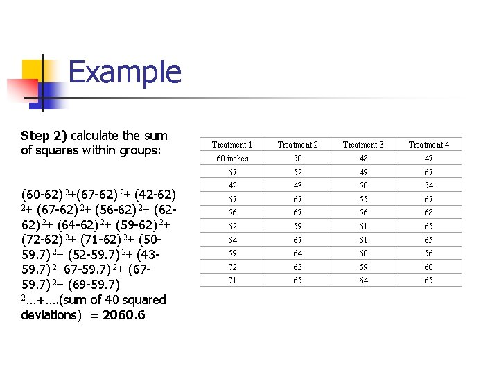 Example Step 2) calculate the sum of squares within groups: (60 -62) 2+(67 -62)
