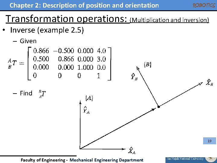 Chapter 2: Description of position and orientation ROBOTICS Transformation operations: (Multiplication and inversion) •