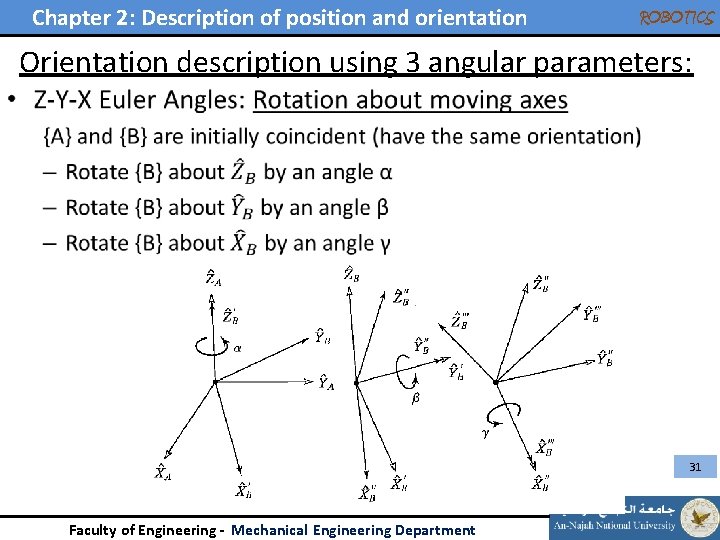 Chapter 2: Description of position and orientation ROBOTICS Orientation description using 3 angular parameters: