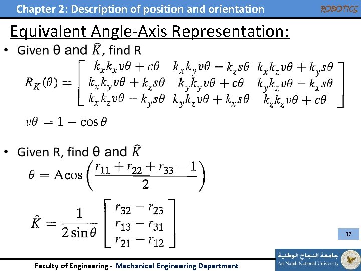 Chapter 2: Description of position and orientation • ROBOTICS Equivalent Angle-Axis Representation: 37 Faculty